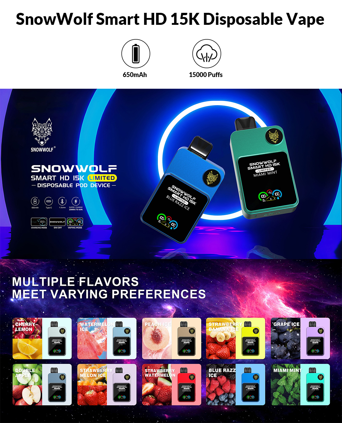 DESECHABLE SNOWWOLF SMART HD 15000 PUFFS